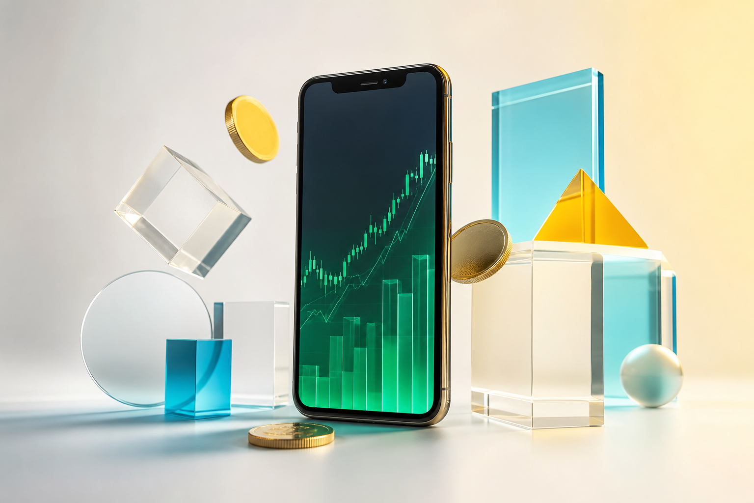A phone showing a rising chart surrounded by geometric shapes and coins