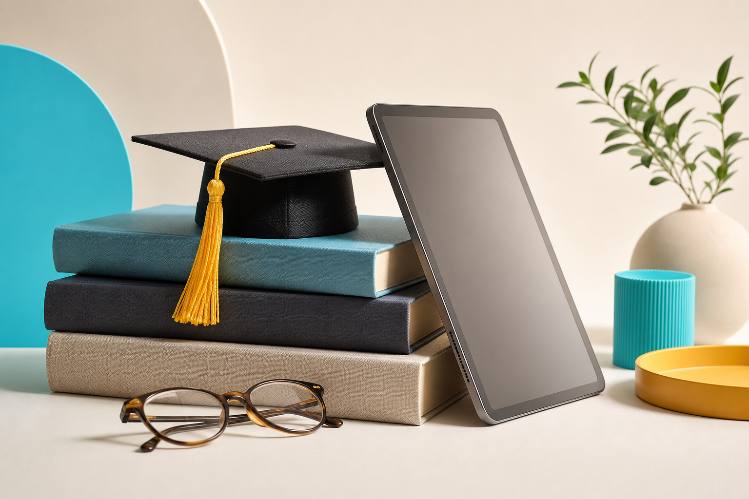 Books, a graduation cap and a tablet — financial education