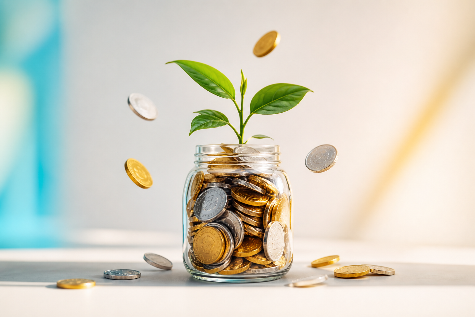 A glass jar full of coins with a growing plant — savings that grow